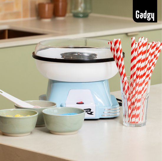 Gadgy Suikerspinmachine Retro Blauw - Met 10 Stokjes en Maatlepel - Suikerspinmakers - Snoep - Kinderfeestje