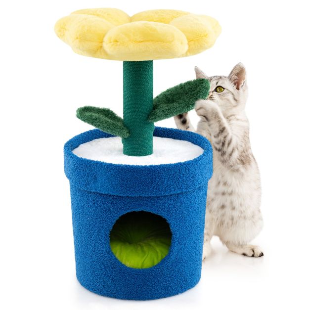 Coast Kattenboom Bloemen-Platform & Kattenhol Geel – 39,5 x 39,5 x 72 cm – Luxe Pluche Kattenhuis met Krabpaal