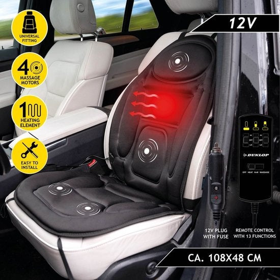 Dunlop Massagestoel Auto met Verwarmingsfunctie - 108 x 48 CM - 4 Massagemotoren en 1 Verwarmingselement - Aansluiting op Sigarettenaansteker Auto - Afstandsbediening met 13 Standen - Zwart