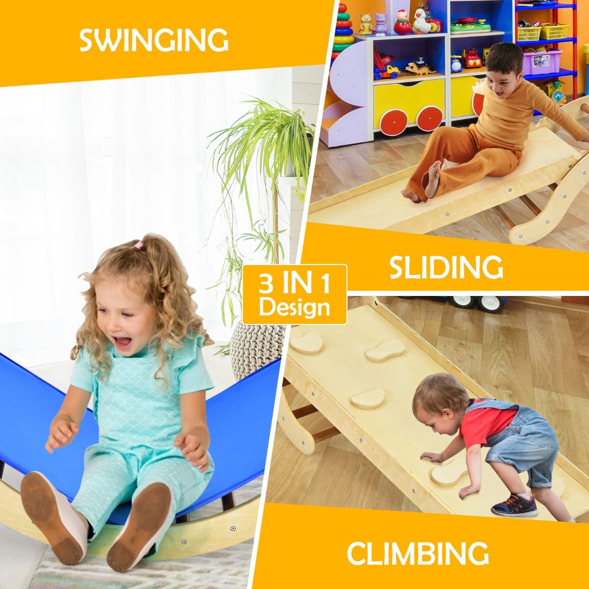 Coast 3-in-1 Klimladder Set voor Kinderen - Boog met Klimhelling en Schommelstoel - naturel + blauw