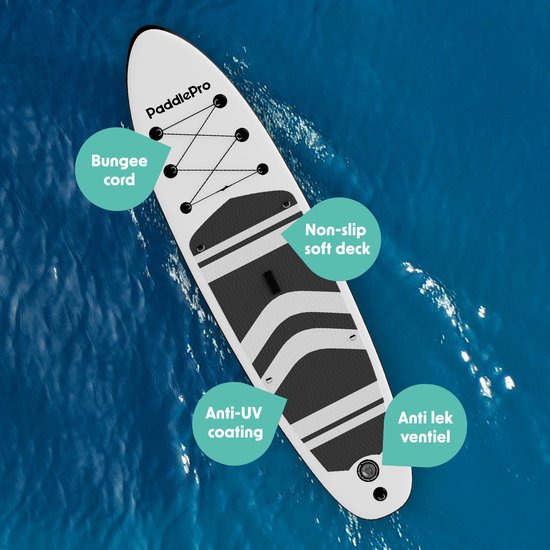 LifeGoods PaddlePro SUP Board - met Zitje - Opblaasbaar Paddle Board - Complete Set - Max. 150KG - 320x81cm - Wit/Zwart