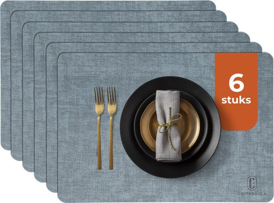 Castagnola Lederlook Placemats - Antislip Placemat van Kunstleer - Waterafstotende Onderlegger - Onderzetter - Placemats kunststof - 6 Stuks - 45 x 30 cm - Gemêleerd Blauw