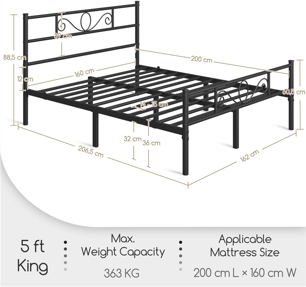 Yaheetech Metalen Bedframe - Zwart - 207 x 162 x 89 cm - Tweepersoons, Matras 160 x 200 cm