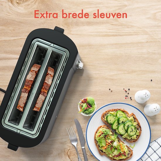 KitchenBrothers Broodrooster - Toaster - 6 Warmteniveaus - 2 Extra Lange Sleuven - 1520W - Zwart