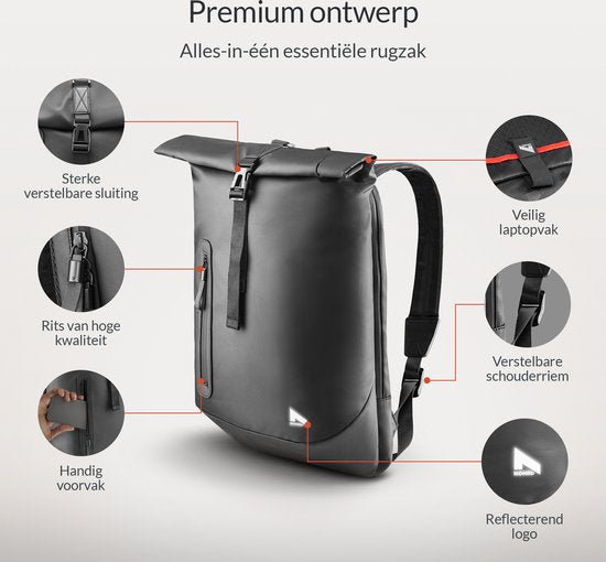 NOHRD Waterdichte Rolltop Rugzak Zwart - Rugtas Heren & Dames - Waterdicht - Rugtas met Laptopvak - Waterproof Rugzak Laptop - Rugzakken
