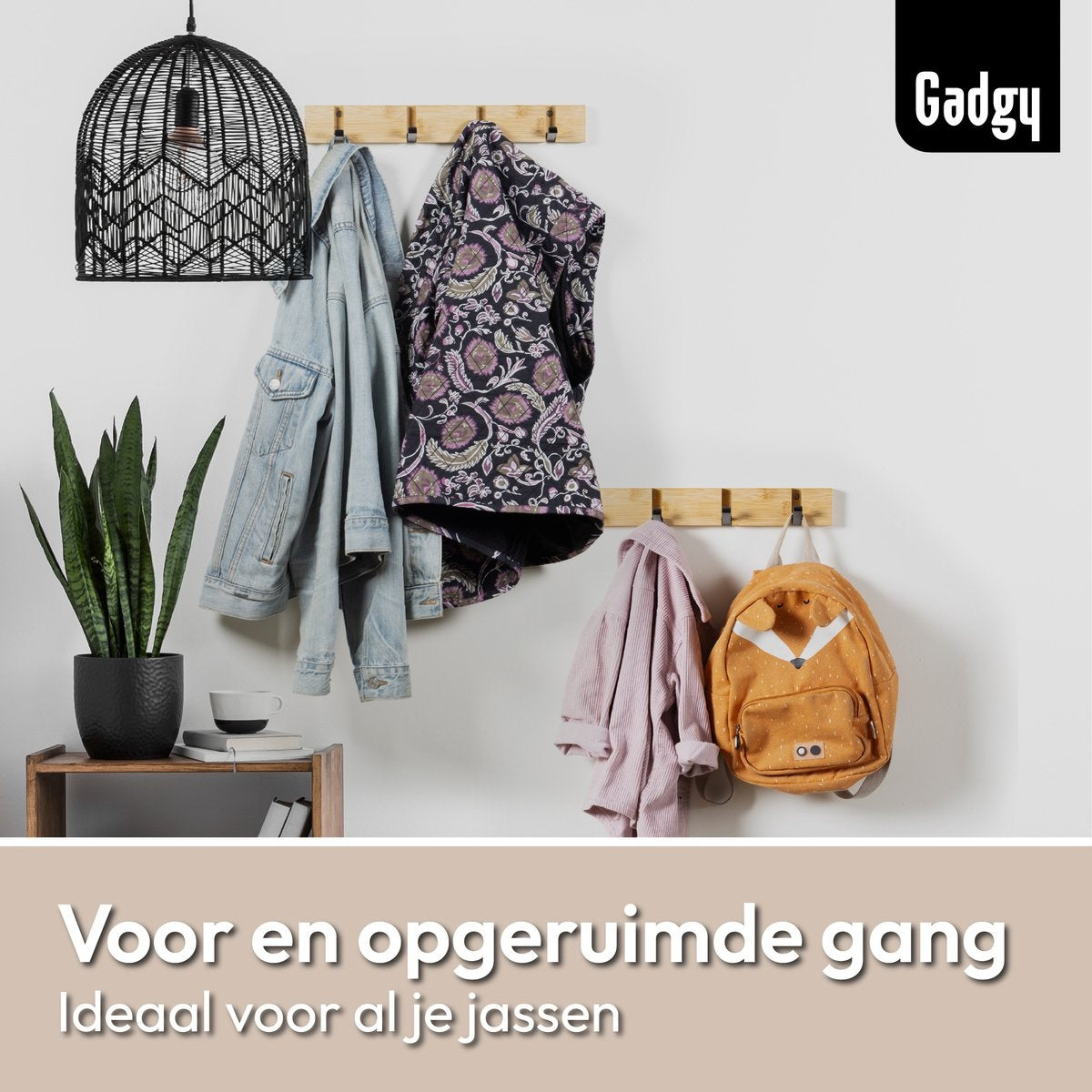 Gadgy Kapstok Hangend - Wandkapstok Hout Wand - Kinderkapstok met 8 Inklapbare Haken Zwart - Muur Kleerhanger Bamboe - Set van 2 - Max. 15kg draagkracht