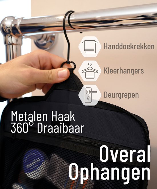 D&D Wanderlust Toilettas met Haak - Ophangbare Luxe Travel Organizer met 10 vakken - Zwart - Unisex Dames & Heren - 6 liter inhoud - Reis Toilettas Hangend Groot - Make up Tasje