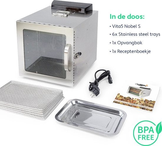 Vita5 Nobel S Voedseldroger – Droogoven - RVS – 24-Uurs Timer - 30-90°C – 400 Watt – Led-bedieningspaneel – Dehydrator – 6 Laags - Voedsel drogen op extreem lage temperatuur van slechts 30°C