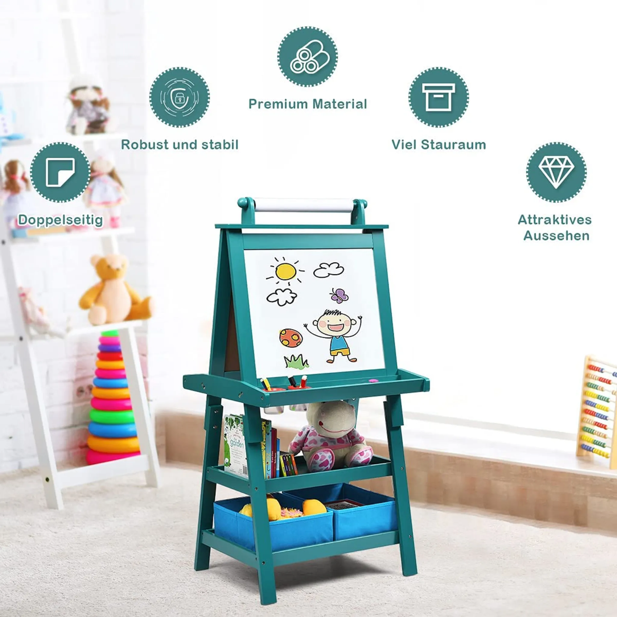 Coast 3 in 1 Ezel Voor Kinderen Dubbelzijdig Whiteboard & Krijtbord - 59 x 50 x 117 cm - Blauw