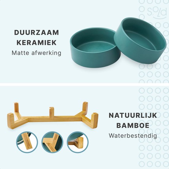 Voerbak Kat en Hond Keramiek - Voerbakken Dubbel met Standaard - Drinkbak - 2x 400 mL - Groen Mat