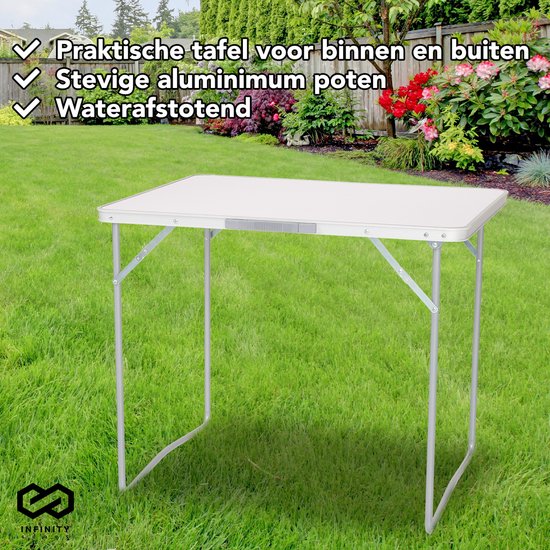 Infinity Goods Campingtafel - Inklapbaar - Tuintafel - 80x60x70 cm - Buiten/Binnen - Draaghandvat - Compact - Aluminium - Wit