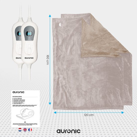 Auronic - Elektrische Deken 2-Pack - 160 x 120 cm - 3 Warmtestanden & Automatische Uitschakeling - Extra Zacht Flanel - Wasmachinebestendig - Fleece & Taupe
