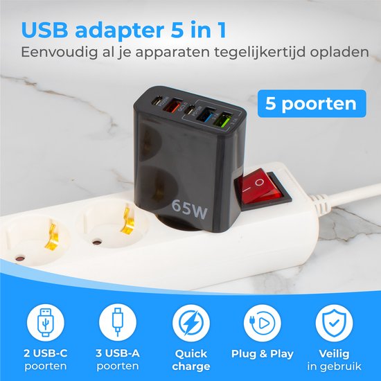 Nuvance - USB Adapter - 5 Poorten - USB Stekker - USB Oplader - Geschikt voor iedere USB Kabel - Zwart