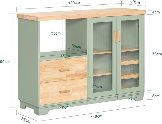 SoBuy FSB81-GR Keukenkast - Groen Buffetkast met Laden & Glazen Deuren