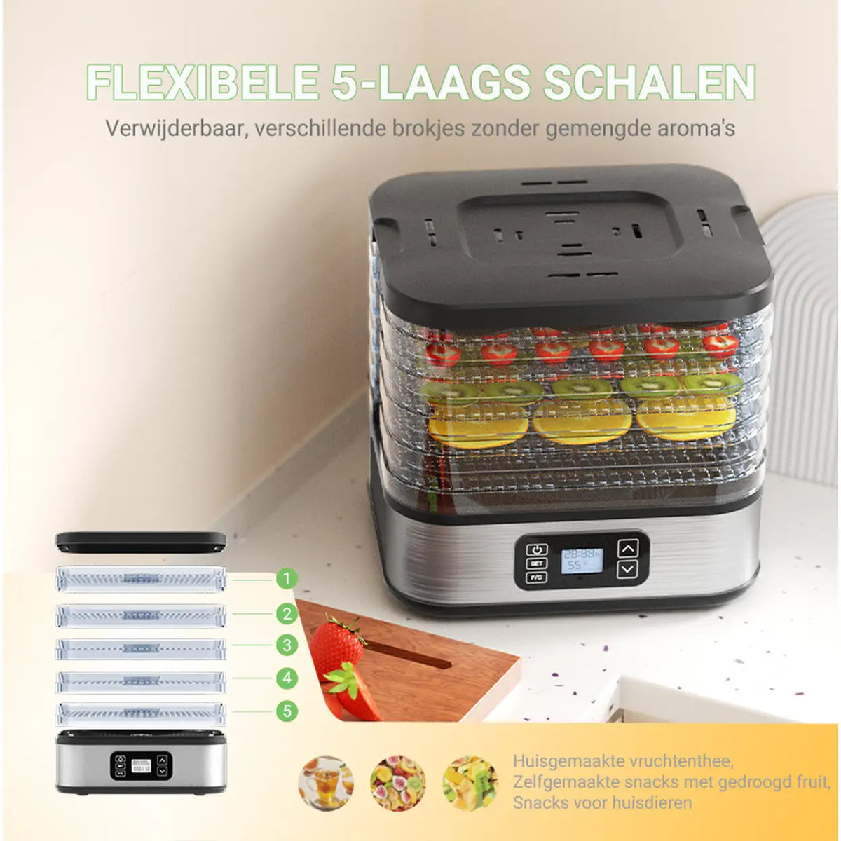 WOOX voedseldroger MX0195 - 5 laden - timer en temperatuurregeling
