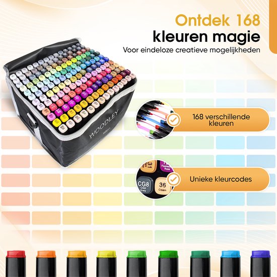 Woodley Dubbelzijdige Stiften - 168 kleuren - Voor volwassen en kinderen - Markeerstiften - Dubbelzijdige stiften - Twinmarkers - Alcohol markers