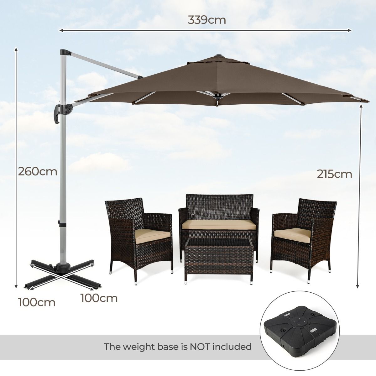 Coast Vrijhangende Parasol - 360° draaibaar - Verstelbare kanteling - Bruin/Beige - 339 x 260 cm