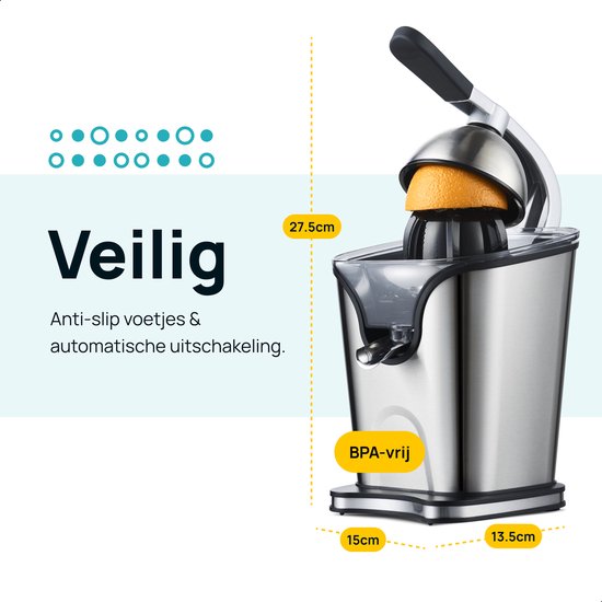 MOA Citruspers Elektrisch - Sinaasappelpers - Citroenpers met 2 Perskegels - BPA-Vrij - Handmatig - RVS - Zilver