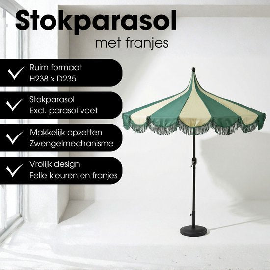 Mica Decorations Kim Gestreepte Parasol met Draagtas - Stokparasol 238 x Ø235 cm - Tuin of Balkonparasol - Polyester, Staal - Donkergroen