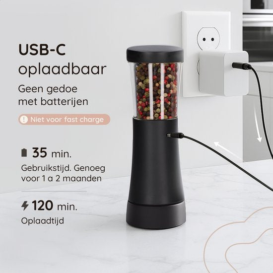Deleca Elektrisch Peper en Zoutmolen Set Gustaro - 130ml Opslag Capaciteit - Luxe Zout & Pepermolen Stel - Instelbare Maalgraad - USB Oplaadbaar / Zwart