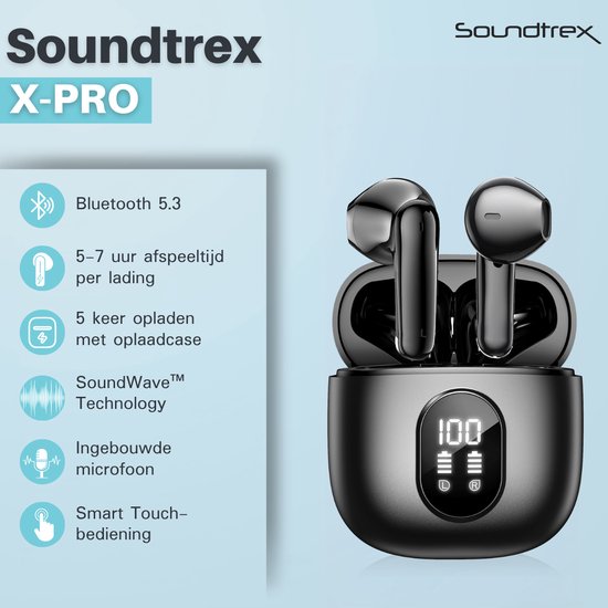 Soundtrex X-Pro Draadloze oordopjes - Bluetooth Oordopjes - Oortjes draadloos - Earpods - LED Display - Bluetooth 5.3 - Zwart