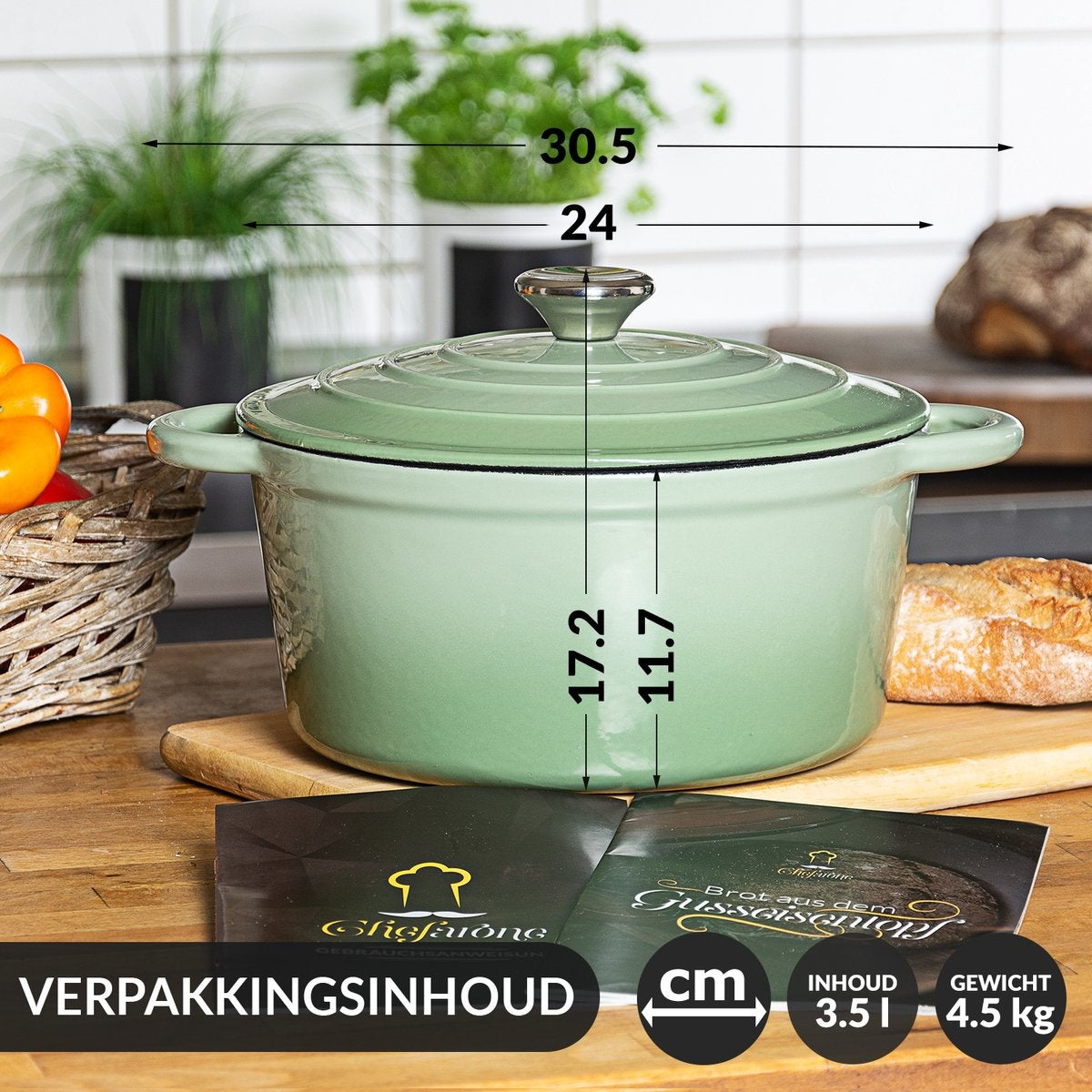 Chefarone Gietijzeren Pan – Braadpan – Inclusief Deksel – Geschikt Voor Alle Warmtebronnen – Geëmailleerd - Groen