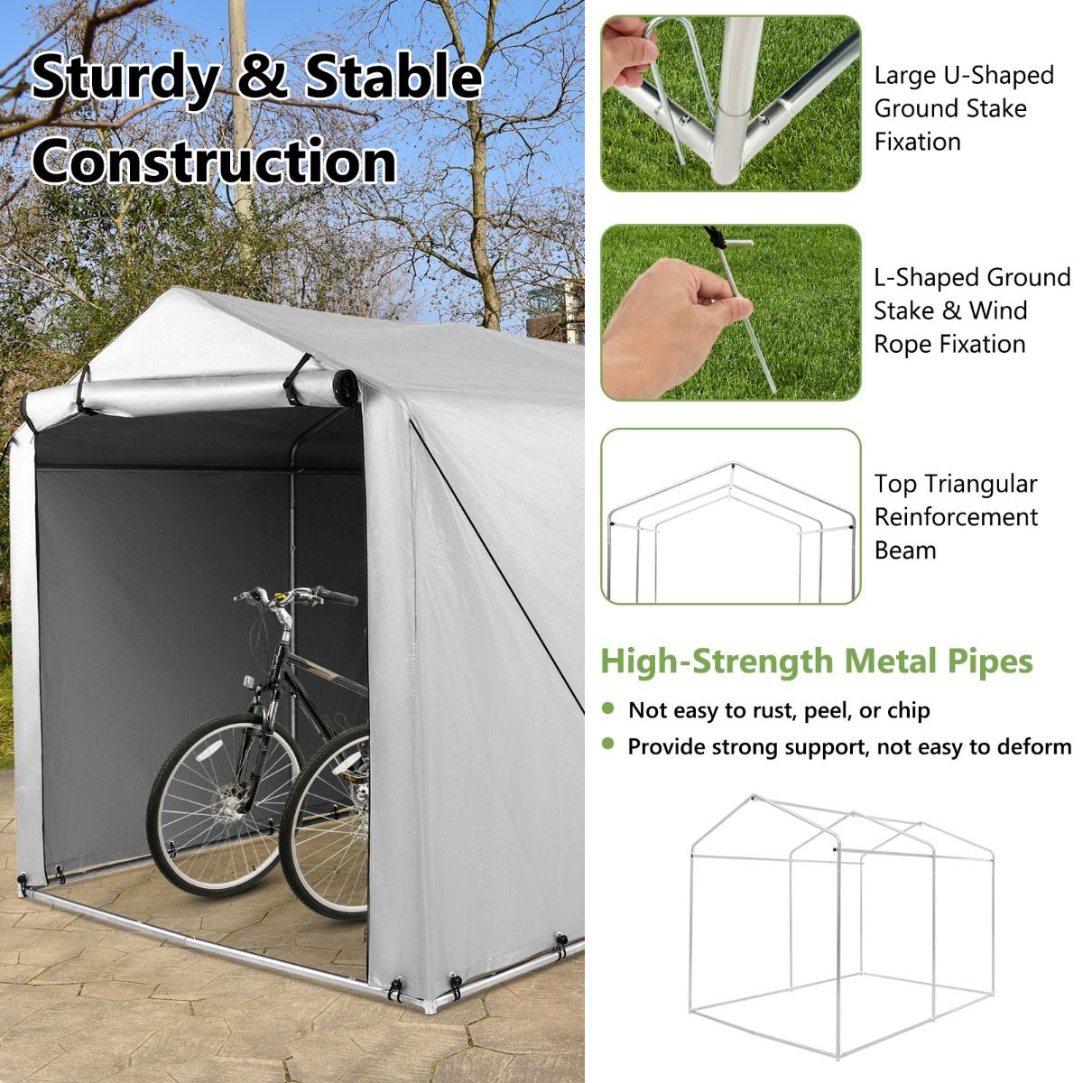 Coast 160 x 218 x 164 cm Grijze Buiten Fietsenstalling en Draagbare Garage met Oprolbare Ritsdeur