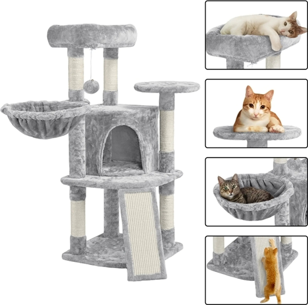 Yaheetech Krabpaal Met 5 Sisalpalen – Voorzien Van Gewatteerd Kijkplatform En Hangmat En Kattenhol – Voor 2 Tot 3 Kleine En Middelgrote Katten – Lichtgrijs Pluche En Metaal – 43,5 x 43,5 x 106 cm
