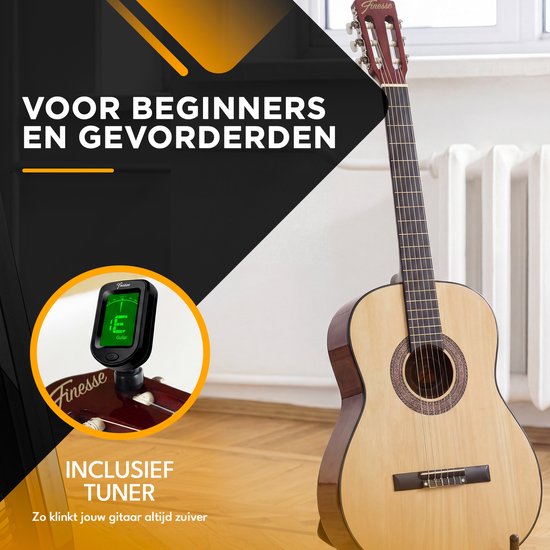 Finesse Akoestische Gitaar - met Videocursus - Nylon Snaren - Klassieke Gitaar - Spaanse Gitaar - Kind - Volwassenen - Naturel
