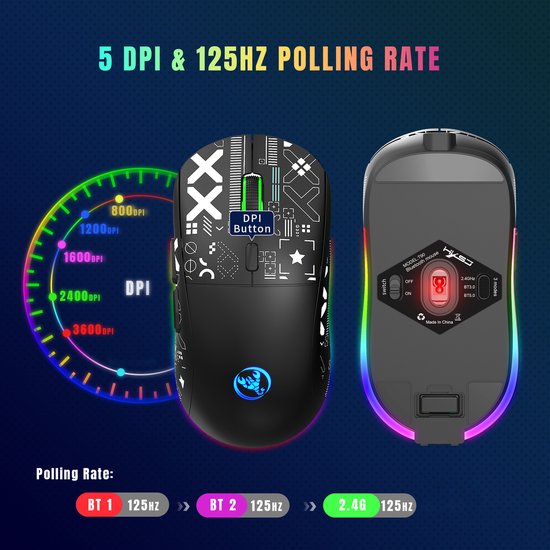 HXSJ T90 2.4G Stille Draadloze Gaming Muis - Bluetooth - Computermuizen - Ultra licht - RGB Verlichting - Zwart