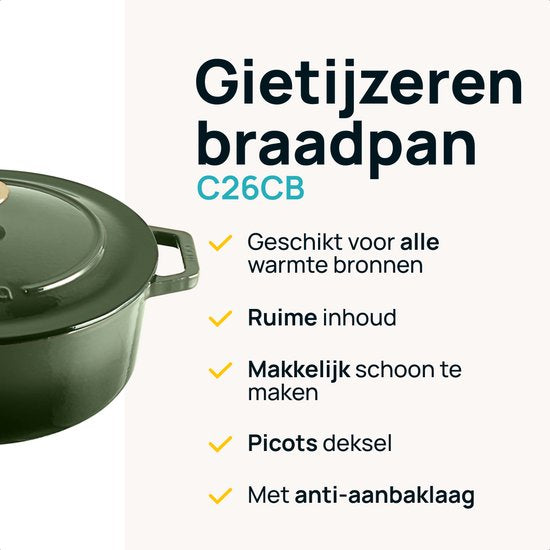 MOA Gietijzeren Braadpan - 7,2L - Voor Alle Warmtebronnen incl. Inductie - Met Deksel - Ø 30cm - Anti-Aanbaklaag - Groen