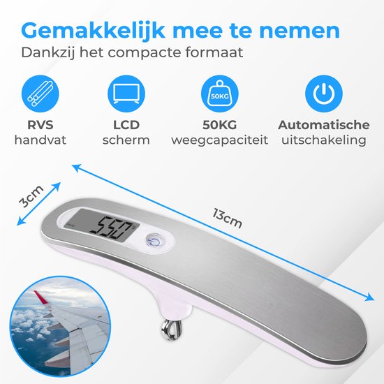 Nuvance - Digitale Kofferweegschaal - Bagageweegschaal tot 50 KG - Inclusief Weeghaak en Batterij - Bagageweger - Hangweegschaal  - Grijs/Wit