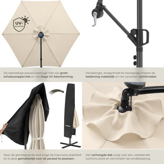 tectake® Zweefparasol met Voet - 3,5 x 3,5 m - Tuinparasol met LED-Verlichting op Zonne-Energie - Draaibaar - Waterafstotend Polyester met UV-Bescherming - Inclusief Hoes - Beige