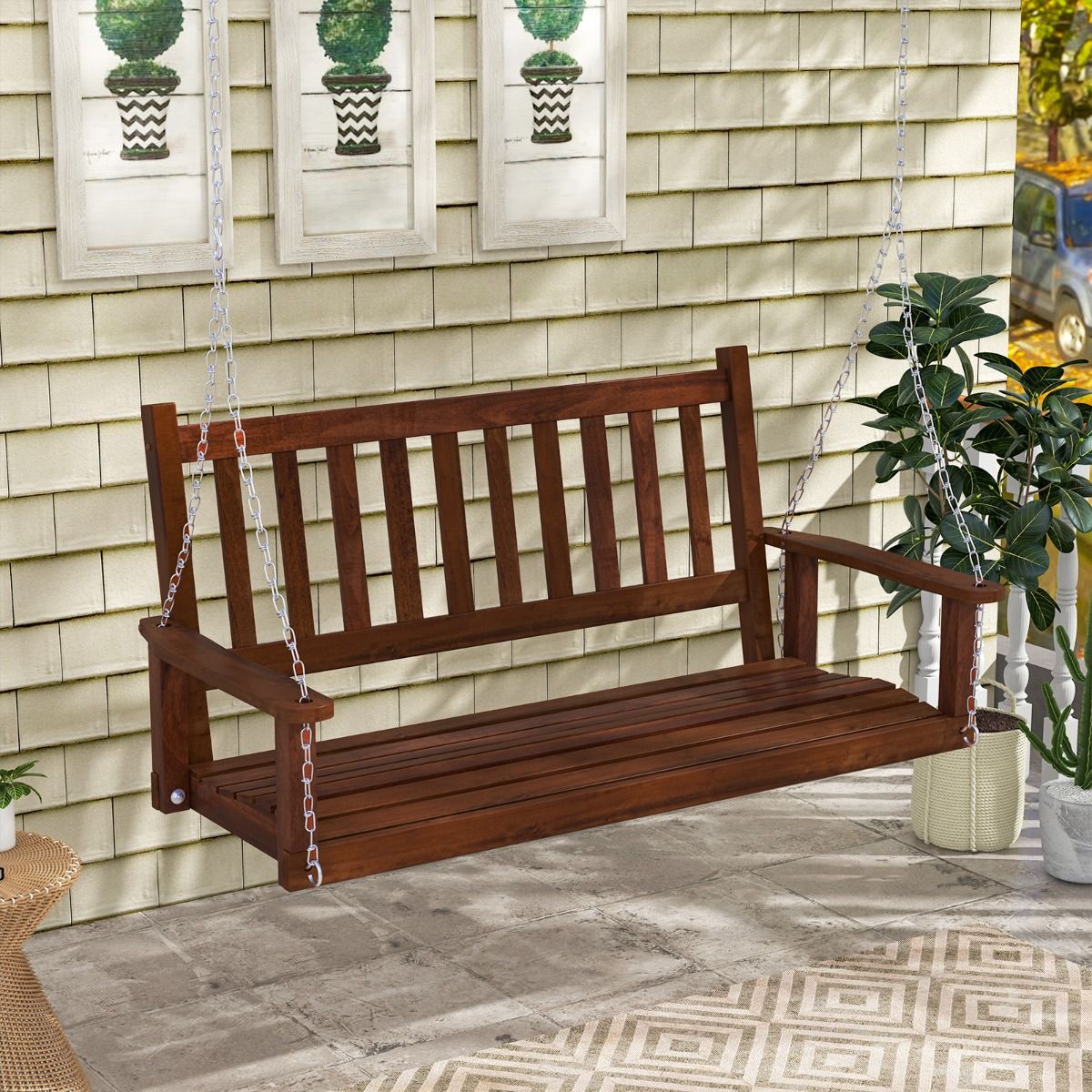 Coast Houten Buitenschommelbank - 3-zits - Verstelbare kettingen - Bruin 168 x 65 x 63 cm