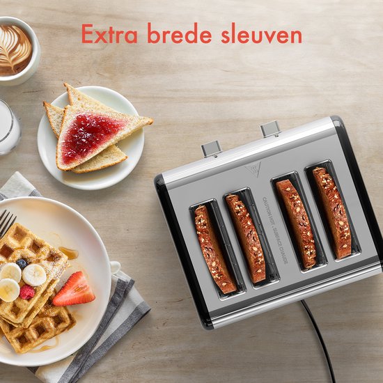 KitchenBrothers Broodrooster - Toaster - 6 Warmteniveaus - 4 Extra Brede Sleuven - Touch display - 1630W - RVS/Zwart