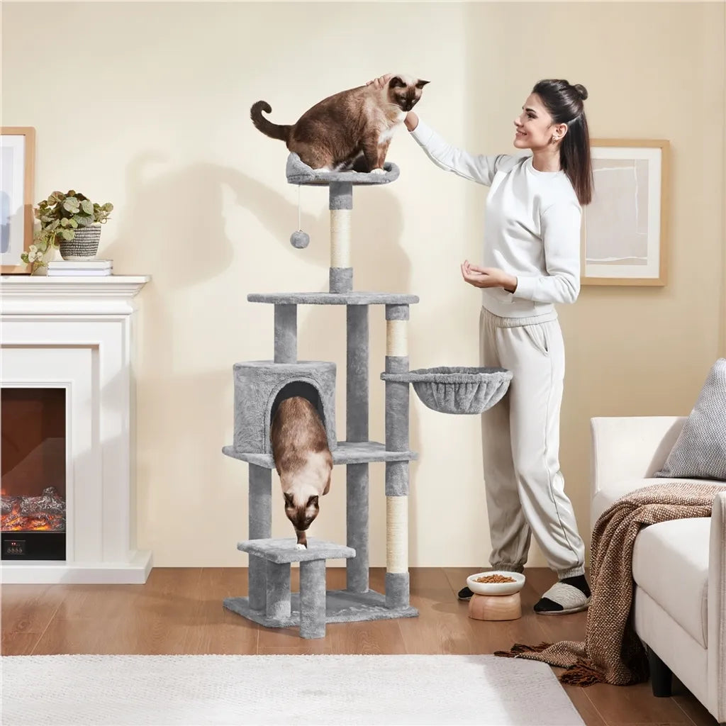 Yaheetech Krabpaal 145 cm - Lichtgrijs - Kattenboom met Kattenhuis, Hangmand en Uitkijkplatform