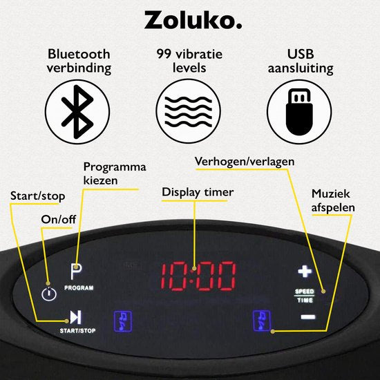 Zoluko Fitness Trilplaat met Bluetooth Functie - Incl. E-book, Weerstandsbanden en Afstandsbediening - LED Display - USB Poort - Antislip Rubber - 5 Trainingsprogramma's - 99 Snelheid Niveaus - Powerplate - Trilplaat Fitness - Zwart