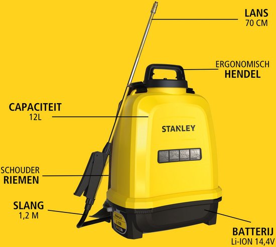 Stanley Druksproeier 12 L rug, rugsproeier tuin, drukspuit, elektrisch, heroplaadbare batterij lithium, telescopische lans, regelbare sproeikop, autonomie 2 h, max. 5 bar, 0.60 l/minuut, geel/zwart