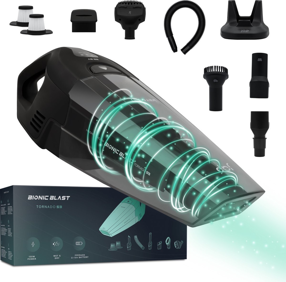 JAP Appliances Tornado S3 - Kruimeldief snoerloos met Oplaadhangsysteem - 5 Opzetstukken en 2 HEPA-filters - 150W  - Zwart