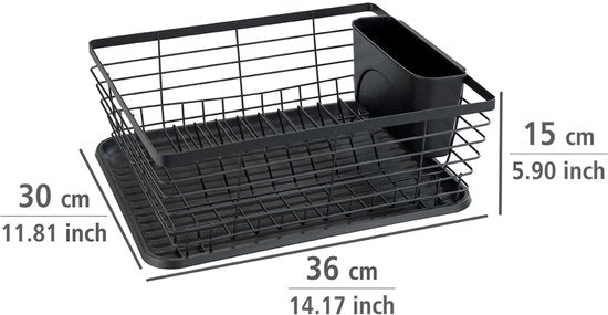 WENKO Afdruiprek Drip zwart 36x30cm met lekbak en bestekhouder - Afwasrek - Afdruiprek met lekbak zwart