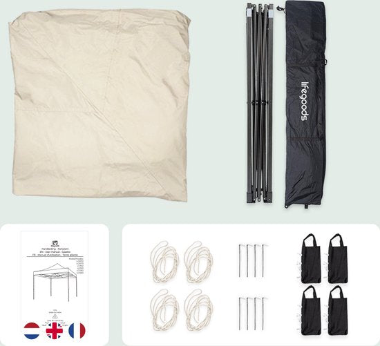 LifeGoods - Partytent & Paviljoen - 3x4,5 m - Easy Up & Opvouwbaar - Waterdicht Met Zijwanden - Inclusief Draagtas Met Wieltjes - Polyester & Staal - Beige