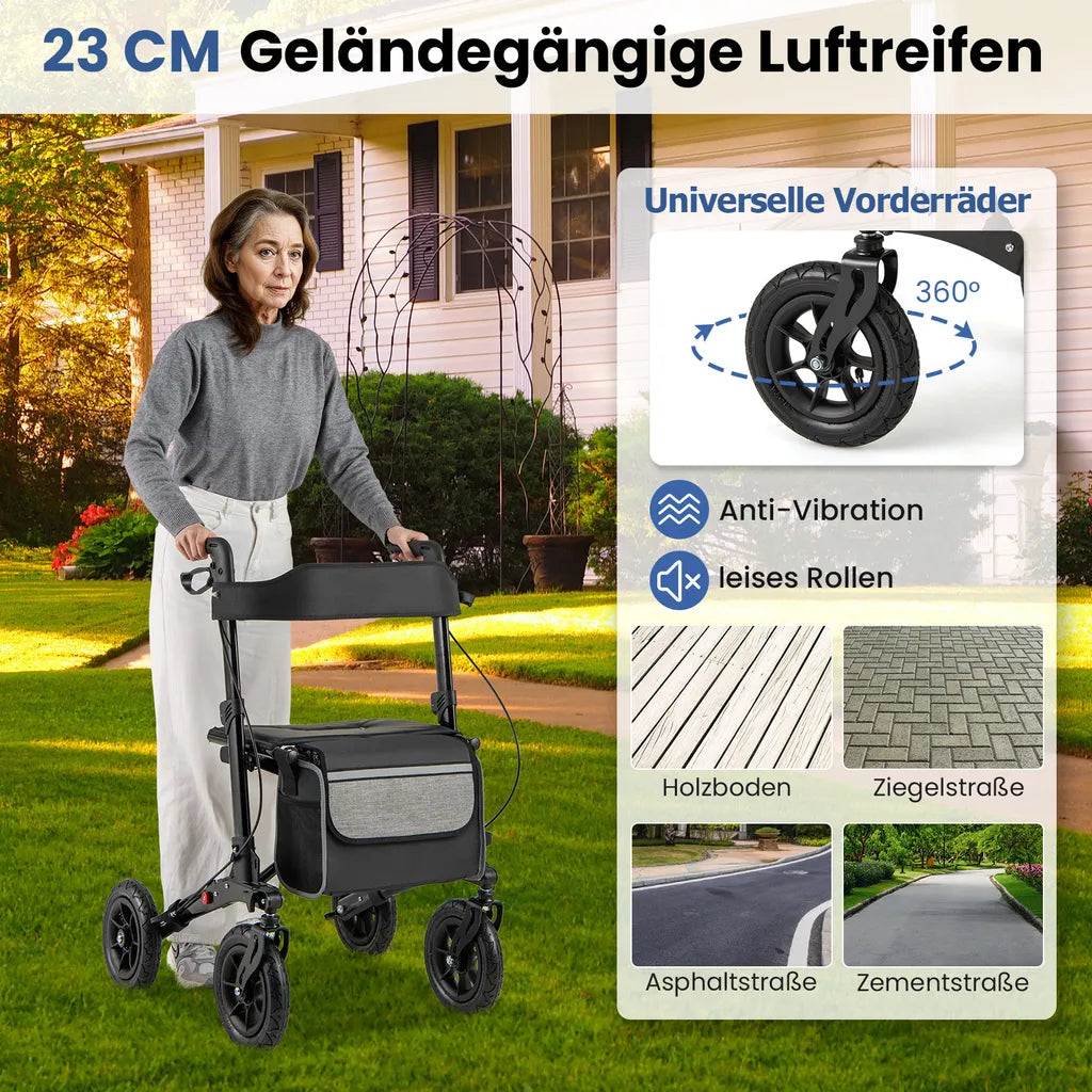 Coast Opvouwbare Rollator Zwart – 2-in-1 Reisrollator met Zitje en Luchtbanden – 62 x 82 x 81,5-97 cm