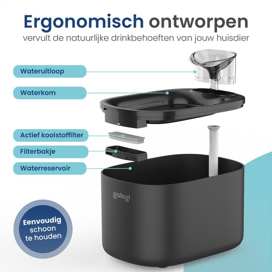 Gologi Drinkfontein Kat en Hond XL – 3,5L – Slimme Waterfontein met app – Kattenfontein – Geruisloos – Zwart