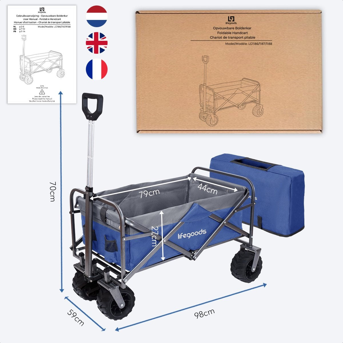 LifeGoods Bolderkar - Opvouwbaar - tot 80KG - 94L - Wasbaar Polyester - 98x45cm - Blauw/Grijs