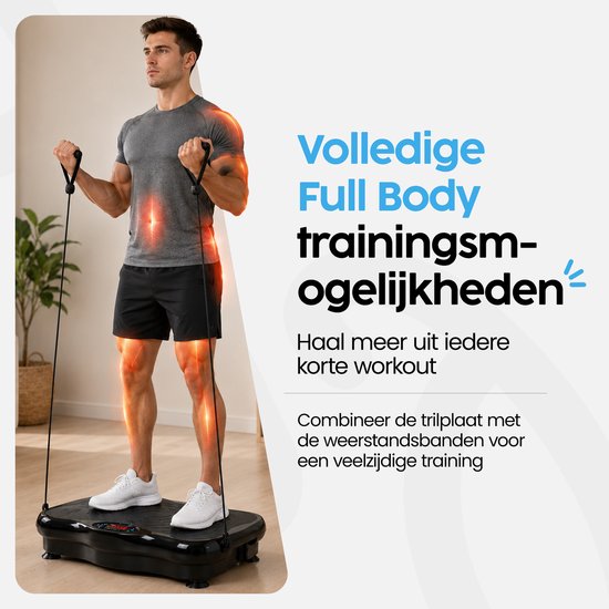Infinity Goods Trilplaat Premium - Trilplaat Fitness - Inclusief Weerstandsbanden En Handvatten - Powerplate - 5 Tainingsprogramma’s - 99 Snelheidsniveaus - Bluetooth Muziek - Zwart