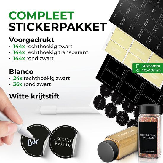 Soothe 48 Glazen Kruidenpotjes Vierkant met Zwarte Deksel – 2 Soorten Strooideksels – Kruidenstrooier – Spice Jars – Complete Set incl Kruiden Stickers, Krijtstift en Accessoires – 120ml