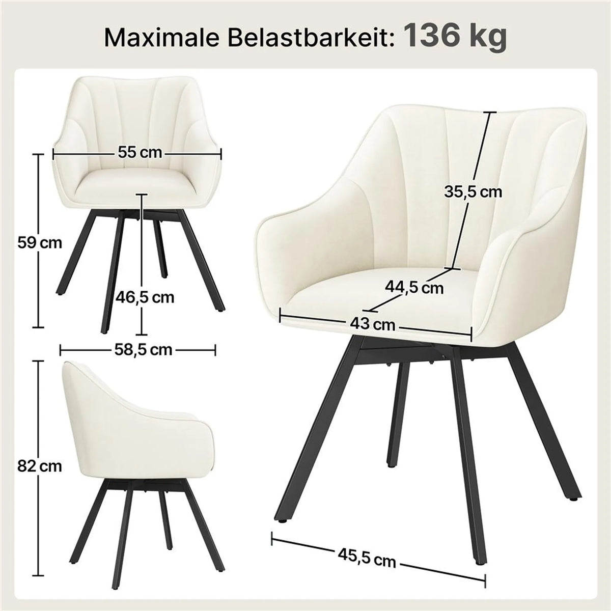Yaheetech 360° Draaibare Eetkamerstoel van Samt 55x58,5x82 cm – Stijlvol Beige – Polyester en Metaal