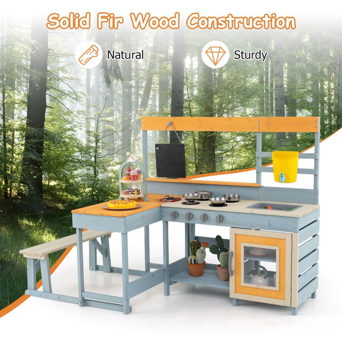 Coast Speelkeuken voor kinderen - 2-in-1 speelkeuken en eethoek - met opbergruimte en accessoires - grijs - 150 x 71 x 99 cm