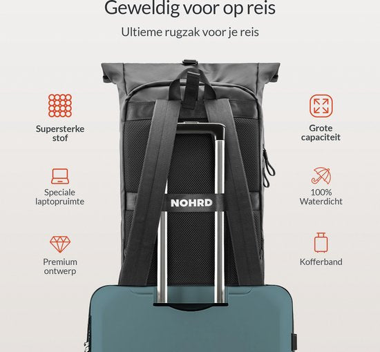 NOHRD Waterdichte Rolltop Rugzak Zwart - Rugtas Heren & Dames - Waterdicht - Rugtas met Laptopvak - Waterproof Rugzak Laptop - Rugzakken