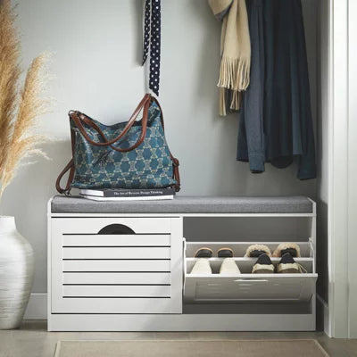 SoBuy Schoenenkast met Zitkussen - 2 Kleppen - 94 x 30 x 47 cm - Wit